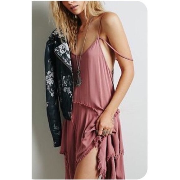 Free People Mauve Pink Frayed Hem Asymmetrical Spaghetti Strap Boho Slip Dress - Picture 1 of 16